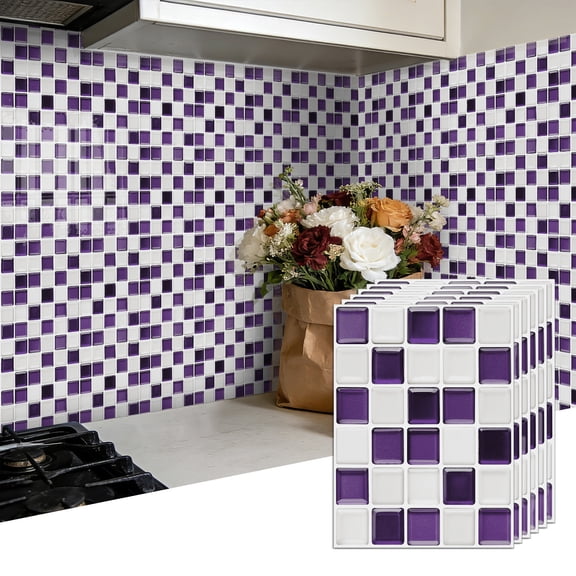 6Piece Self Adhesive Tiles Wall Stickers Decals 6.7" x 9" Purple and White Mosaic Sticker Waterproof Peel and Stick Kitchen Backsplash