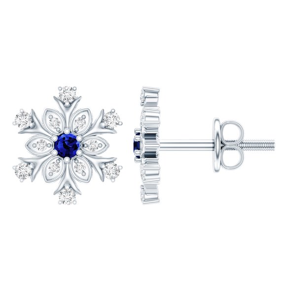 Rosec Jewels Lab Grown Blue Sapphire Snowflake Earrings with Moissanite - AAAA Quality Certified - Ready to Gift for Christmas, 925 Sterling Silver