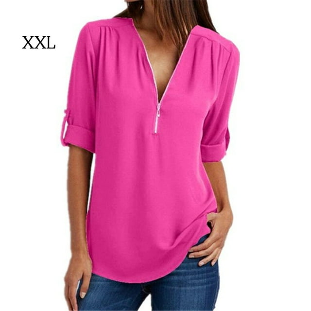 facefd Femmes pour Décoration de Fermeture Éclair devant Col en V Manches Courtes Chemise rose Rouge TTG