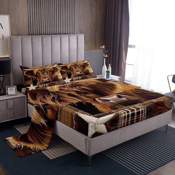 Erosebridal Cute Highland Bull Bed Sheets Set Twin Size, Southwestern Cowboys Bedding Sets Twin Size, Brown Farmhouse Decoration 3 Pieces