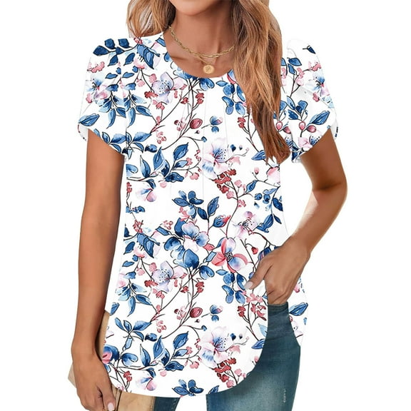 GaThRRgYP Plus Size T Shirts for Women,Women's New Short Sleeve Round Neck Cover Casual Pleated Tunic Top Curved Hem Printed Fashion Top Multicolor S