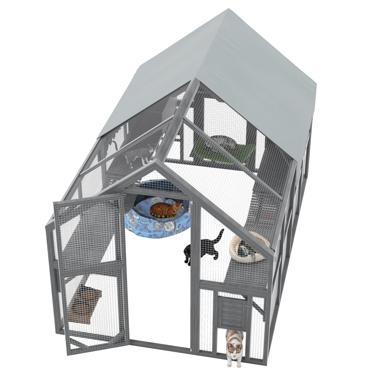 LuckyNote Extra Large Outdoor Cat Enclosure for Multiple Cats, 7 Platforms & 2 Resting Boxes & 2 Bridges, Wooden+Metal, Gray