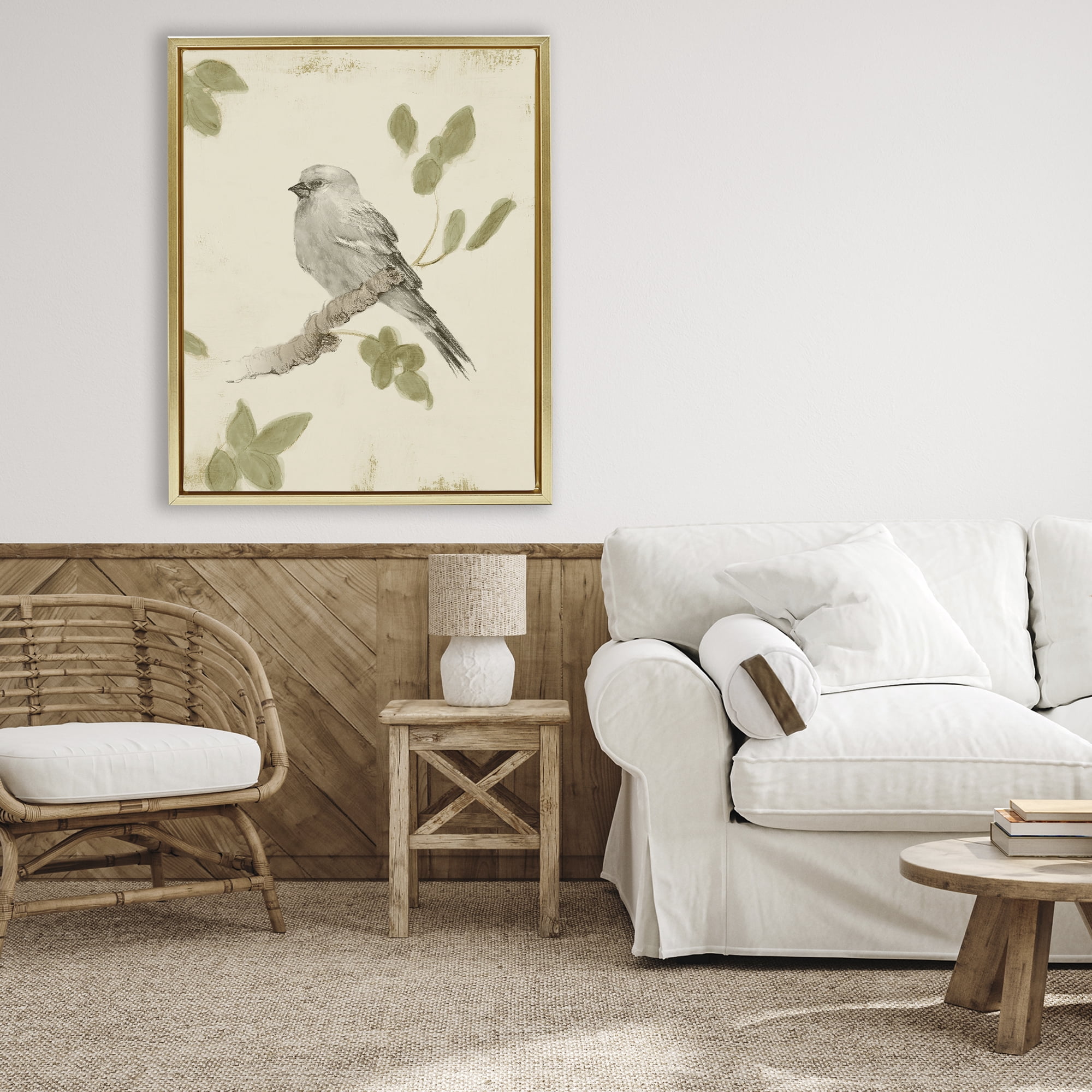 Stupell Industries Bird Scene on Neutral Gold Framed Floater Canvas Wall Art, design by Lanie Loreth