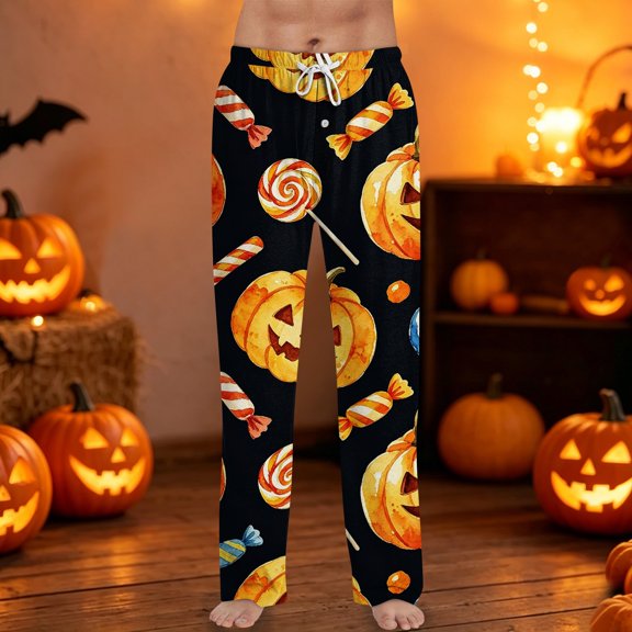 Pajama Pants for Men Halloween Pumpkin Pj Bottoms Lightweight Soft Lounge Pants Elastic Drawstring Waist Sleep Pants