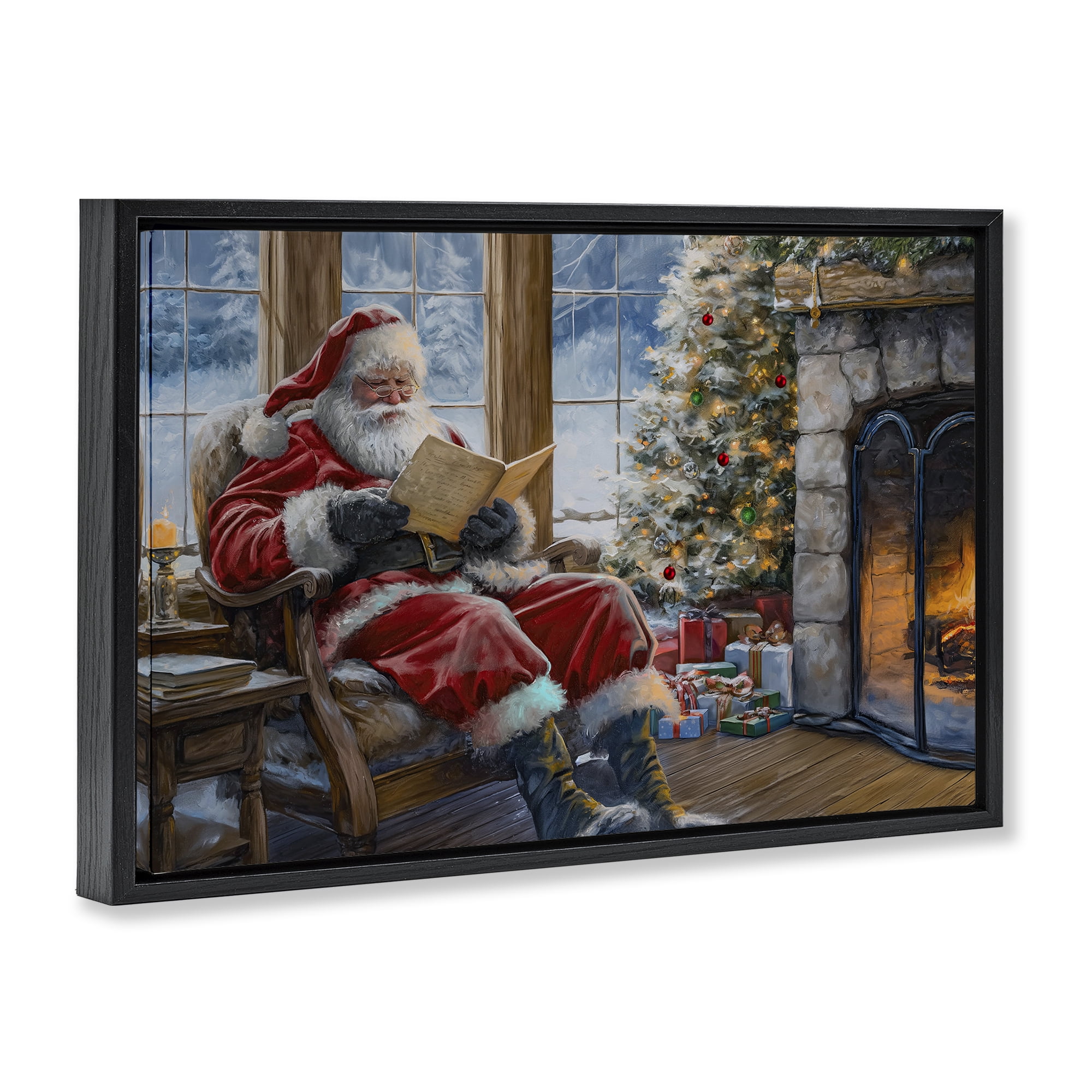 Stupell Industries Santa Reading by Fire Holiday Painting Black Floater Framed Canvas Art Prints Wall Art, 25 x 17