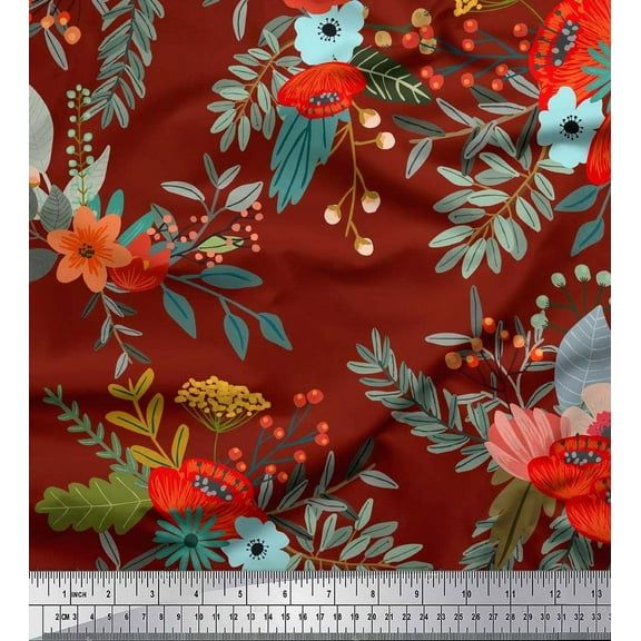 Soimoi Red Cotton Duck Fabric Leaves & Poppy Floral Printed Craft Fabric by the Yard 42 Inch Wide