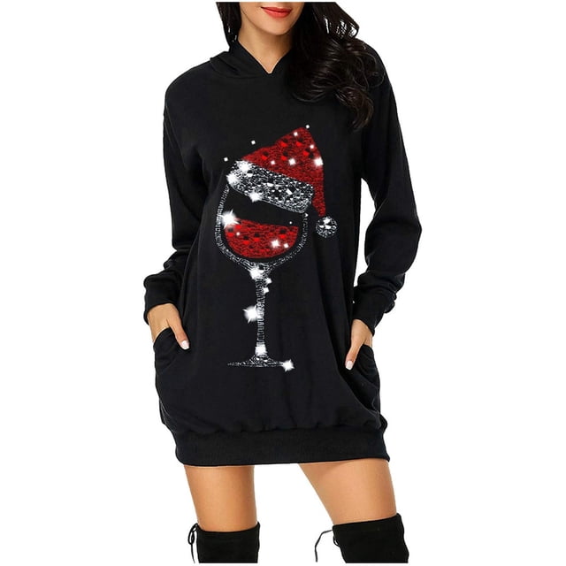 Jsaierl Robe à Capuche de Noël pour Femmes Manches Longues Imprimé Verre Tunique à Capuche Chandail en Molleton de Noël Robe de Fête avec Poches
