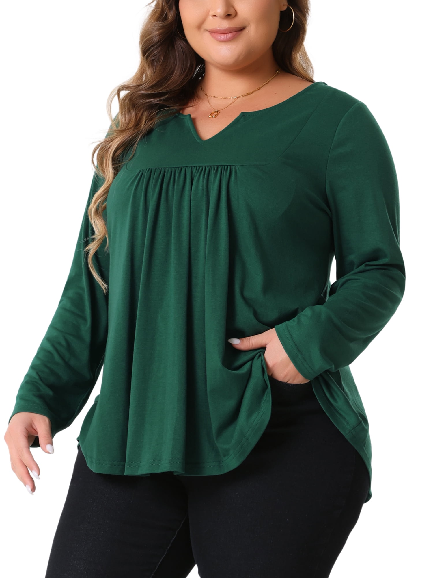 DARING DIVA Women's Plus Tops Notched Neck Front Pleated T-Shirt Blouses 2X Dark Green