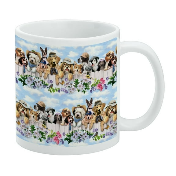 Dogs Outdoors on Fence Pattern White Mug