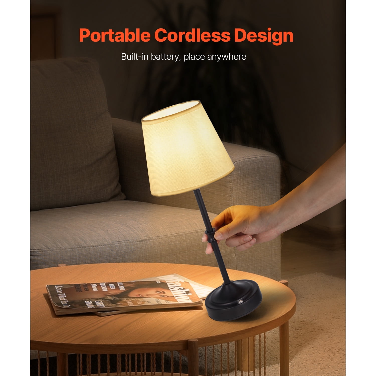 KFFKFF Cordless Table Lamp, 2 Pack, Rechargeable 5200mAh Battery, Adjustable 3-Level Brightness, Fabric Shade, Warm White Light 2700-3000K, Ideal for Restaurants, Bedrooms, Bars, Black