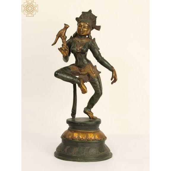 16" Brass Dancing Apsara With A Parrot - Brass Statue