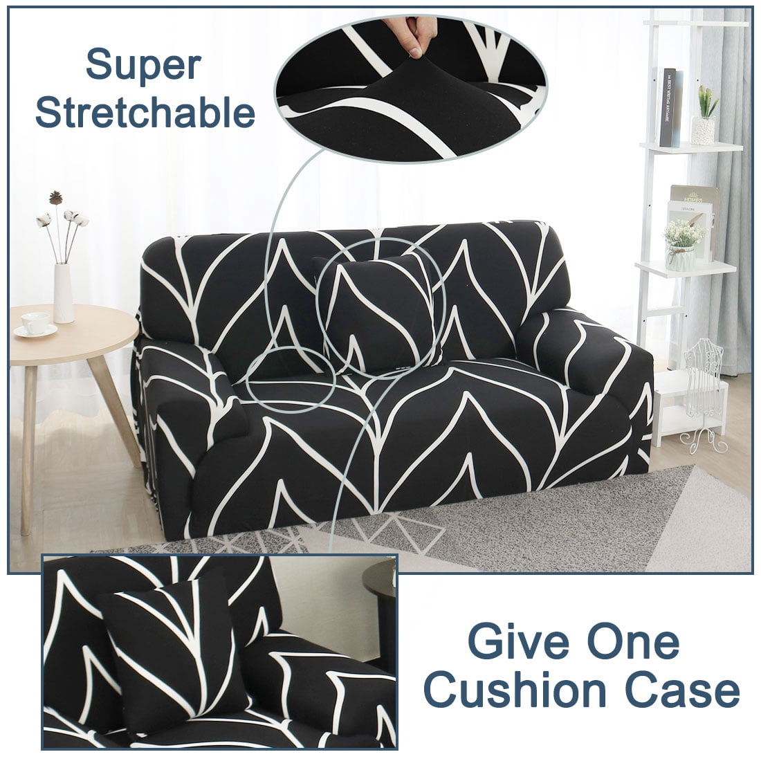 Unique Bargains 1-Piece Traditional Leaves Stretch Loveseat couch cover, Black