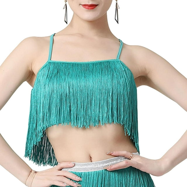 Top latino con flecos y borlas para mujer, camiseta sin mangas moderna para disfrazarse en carnavales Verde azulado M