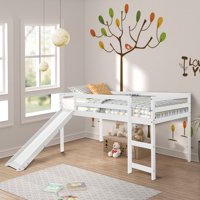 SEVENTH Kids Loft Twin Bed, Wood Low Loft Beds with Slide, Wood Twin Low Loft Bunk Kids Bed Bedroom with Guard Rail, Ladder, Classic Modern Loft Bed, Heavy Duty Bunk Bed Frame for Kids, White, Q349