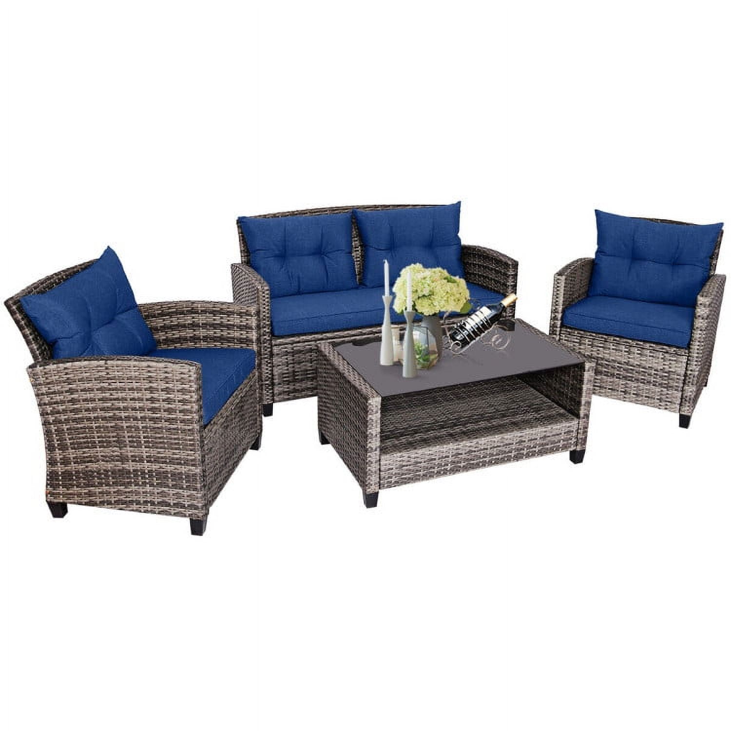 Aimee Lii 4 Pieces Wicker Patio Furniture Set, Coffee Table Cushioned Sofa, Modern Patio Furniture, Gray + Navy Aimee Lii 4 Pieces Wicker Patio Furniture Set, Coffee Table Cushioned Sofa, Modern Patio Furniture, Gray + Navy
