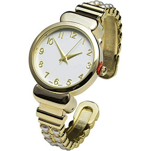 Blekon Collections Japanese Quartz Women's 28mm Case Elegant Pearl Beads Metal Cuff Bangle Watch