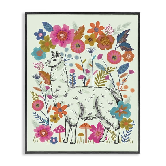 Stupell Industries Bohemian Llama Among Bright Florals Black Framed Giclee Art, 11 x 14, by Lisa Perry Whitebutton