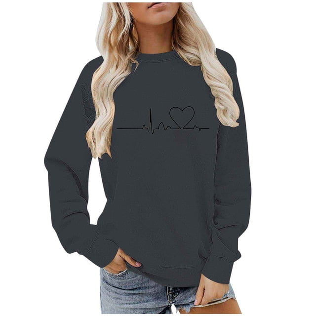 BLVB Chandail à Col Rond pour Femmes, Imprimé de Cœur, Manches Longues, Mignon, Coupe Ample, Léger, Hauts d'Automne, Cadeaux de la Saint-Valentin