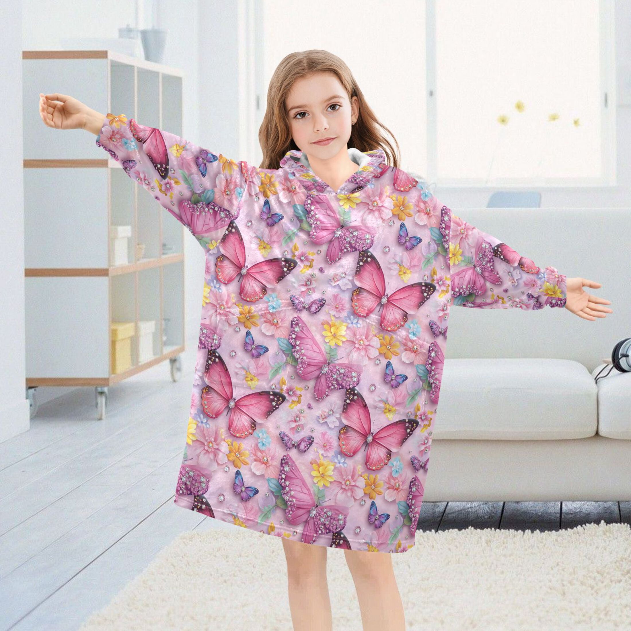 joogoo Wearable Blanket Hoodie for Sparkling Butterfly Flannel Sherpa Pocket 3-14 YR S