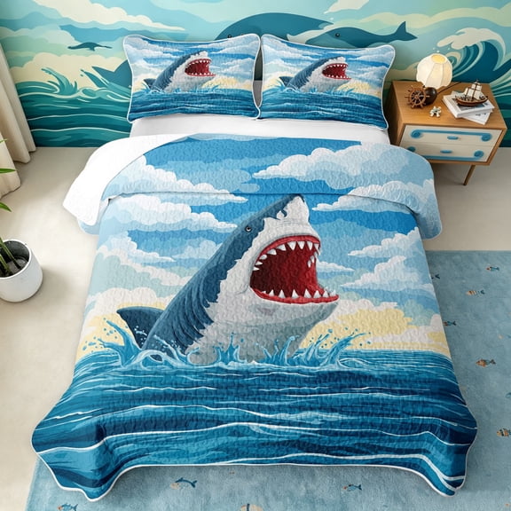 Manfei Cute Shark Twin Quilt Set, Ocean Oil Printing Twin Coverlet Set, Blue Scene, 2 Pieces, 1 Bedspread and 1 Pillowcase