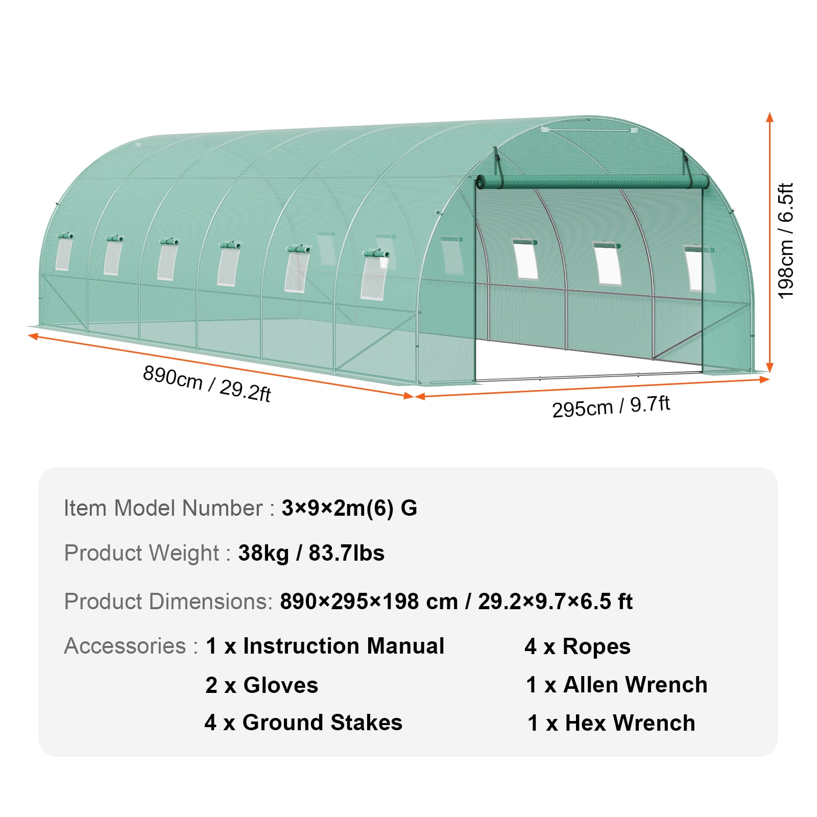 KFFKFF Tunnel Greenhouse, 29.2x9.7x6.5 ft, with Sturdy Galvanized Steel Frame and Green PE Cover, Features Roll-up Zipper Door and 12 Windows, Ideal for Extended Plant Growing Seasons