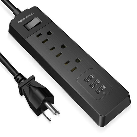 - Poweradd 300 Joules Power Strip 3-Outlet Surge Protector with 3 USB Charging Ports and 5ft Heavy Extension Cord, Charging Station, 1250W - Black