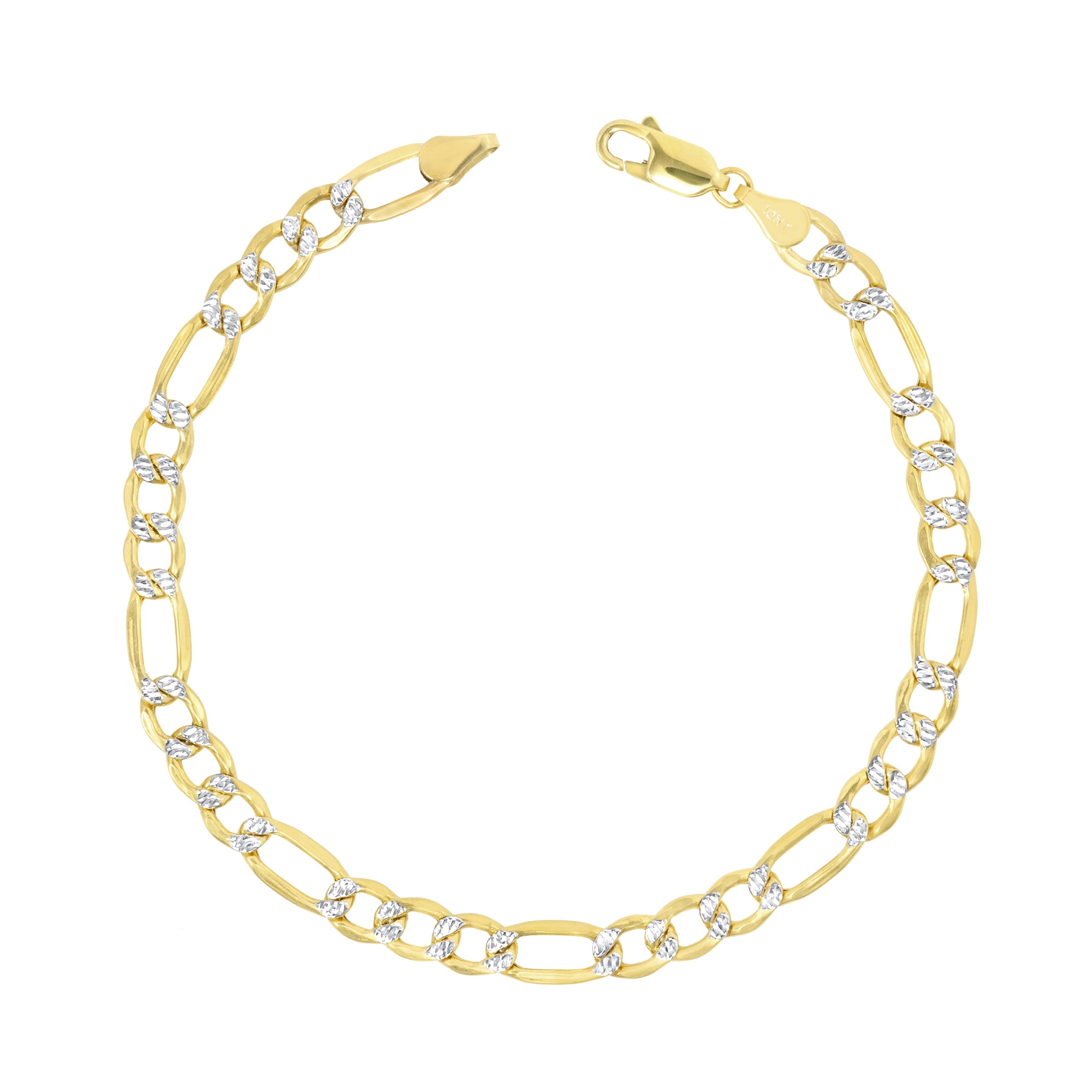 Nuragold 10k Real Yellow Gold Solid Figaro Link 6mm Diamond Cut Pave Chain Bracelet (7"-9") Two Tone Italian Jewelry for Men & Women