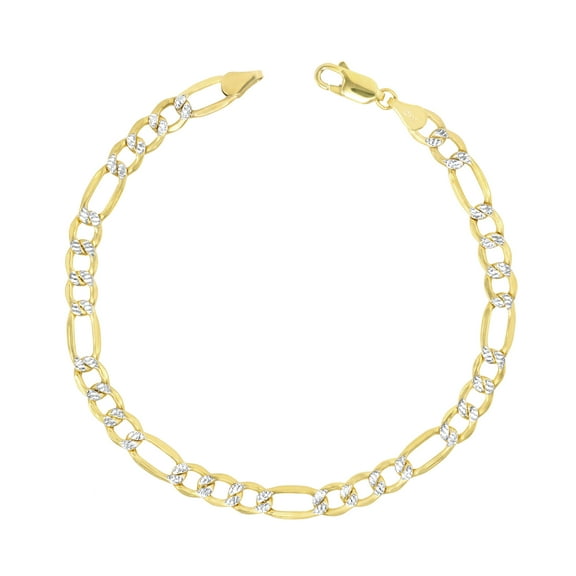 Nuragold 10k Real Yellow Gold Solid Figaro Link 6mm Diamond Cut Pave Chain Bracelet (7"-9") Two Tone Italian Jewelry for Men & Women