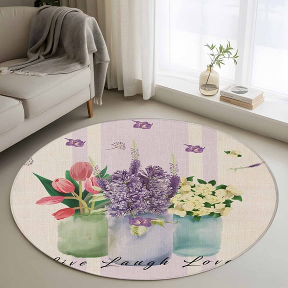 Spring Floral Tulip Round Area Rug 4 FT, Non Slip Indoor Outdoor Rug, Lavender Jasmine Vase Washable Soft Circular Carpet Non-Shedding Floor Mat for Coffee Table Nursery Foyer Balcony