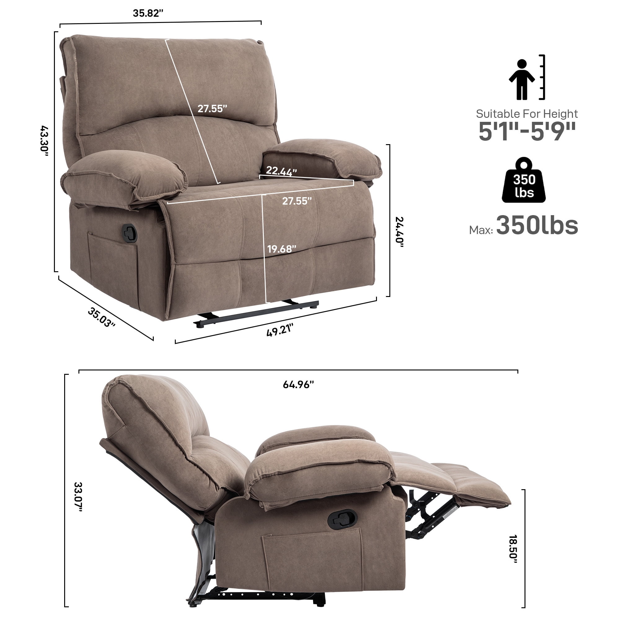 Oversized Manual Recliner Chair for Elderly, Push-Back Recliners for Adults,Brown