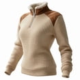 thumbnail image 5 of Women's Quarter Zip Pullover, Retro Western Style Color Block Sweatshirt, Waffle Texture Stand Collar Top, Fleece Lined Casual Shirt, Fall Winter Wear Khaki L, 5 of 5