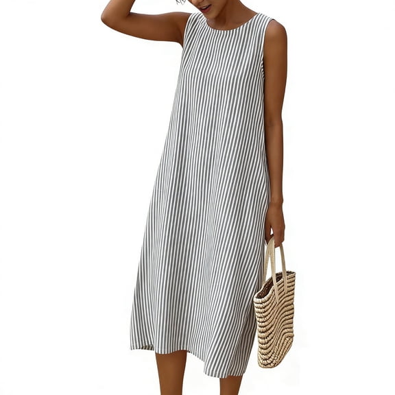 TaTaai Women's Striped Print Sleeveless Maxi Dress with Round Neck, Side Pockets, and Casual Comfortable Fit Gift