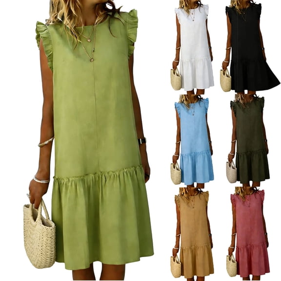 Women's Cotton Linen Dress Crew Neck Loose Ruffled Sleeveless Tank Sundress Summer Casual Vacation Wear (XL, Green)