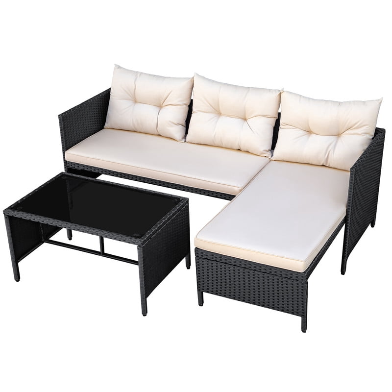 Lacoo 3 Pieces Patio Furniture Conversation Set All-Weather Wicker Rattan Outdoor Furniture Set with Tempered Glass Coffee Table for Backyard