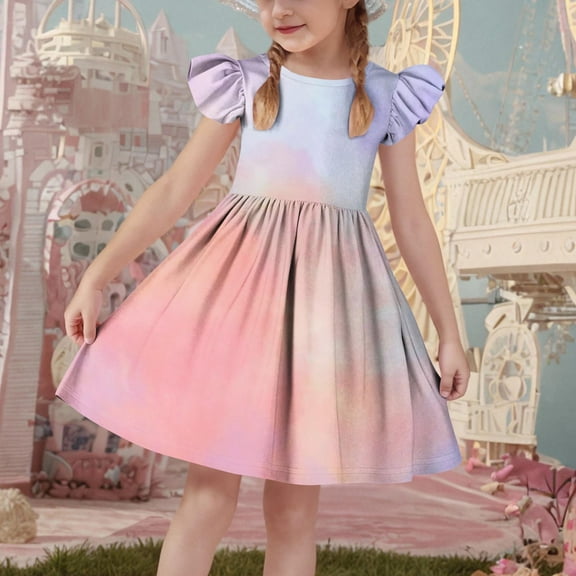 Summer Dresses for Teen Girls Size 3-14 Kids Cute Ruffle Cap Sleeve Crewneck Pleated A-Line Tie-Dye Beach Midi Dress