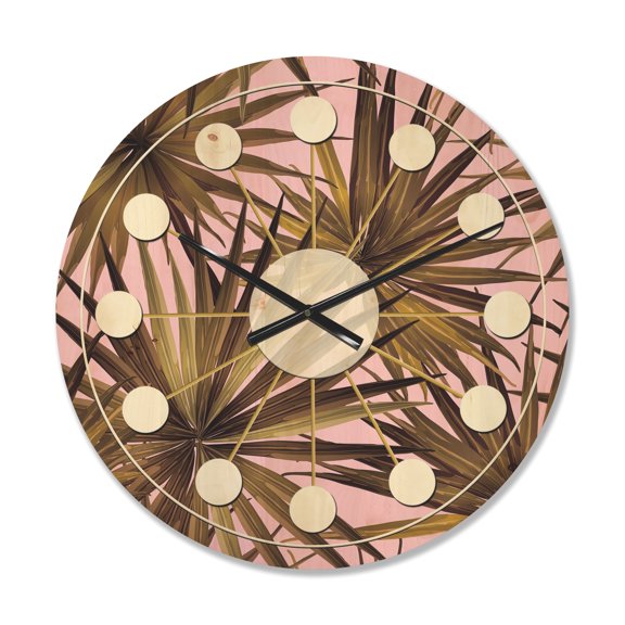 Designart 'Tropical Leaves On Pink Retro' Mid-Century Modern Wood Wall Clock