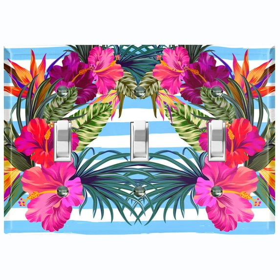 Metal Light Switch Plate Cover Hibiscus Flower Wreath Teal Stripes FLW033
