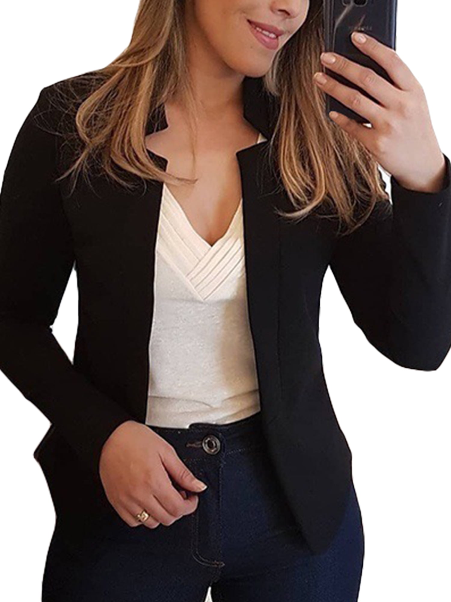 MixMatchy Women's Casual Work Solid Open Front 3/4 Sleeve Blazer Jacket with Plus Size 