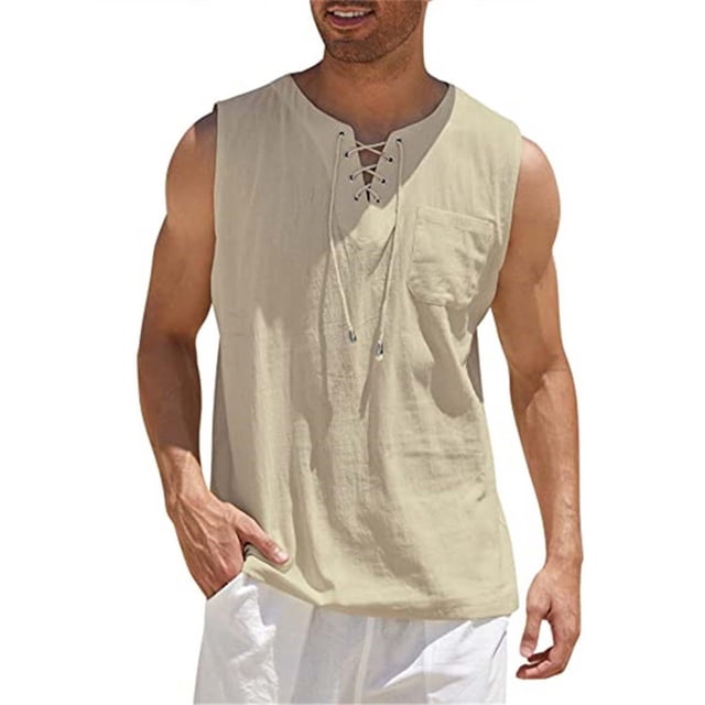 pstuiky Camiseta sin mangas para hombre, Camiseta sin mangas con cuello en V, holgada, informal, con cordón y bolsillo, de color liso y a la moda para hombre Chaleco de hombre 28