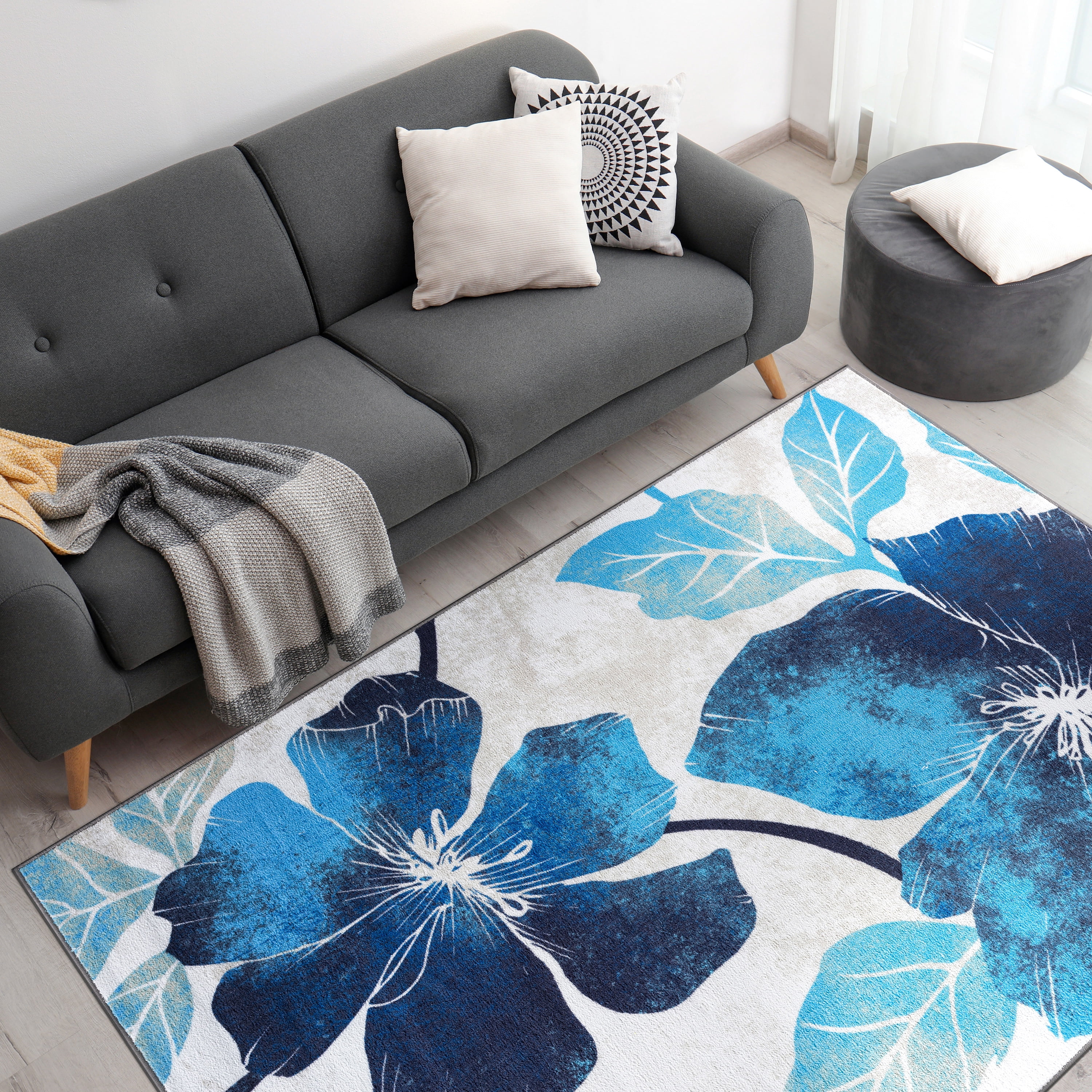 CAMILSON Solana Non Slip Modern Floral Indoor Area Rug Blue/Grey 5x7