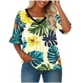 thumbnail image 4 of Womens Plus Size Gradient Color V Neck Ruffle Trim Short Sleeve Blouses Loose Casual Tunic Tees Summer Work Beach Vacation Tops,Army Green,XXXXXL, 4 of 6