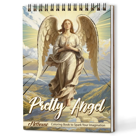 NETHOUSE Pretty Angel Spiral Bound Adult Coloring Book, A5 Wooden Cover, 30 Beautiful Coloring Pages of Angelic Females for Stress Relief and Relaxation