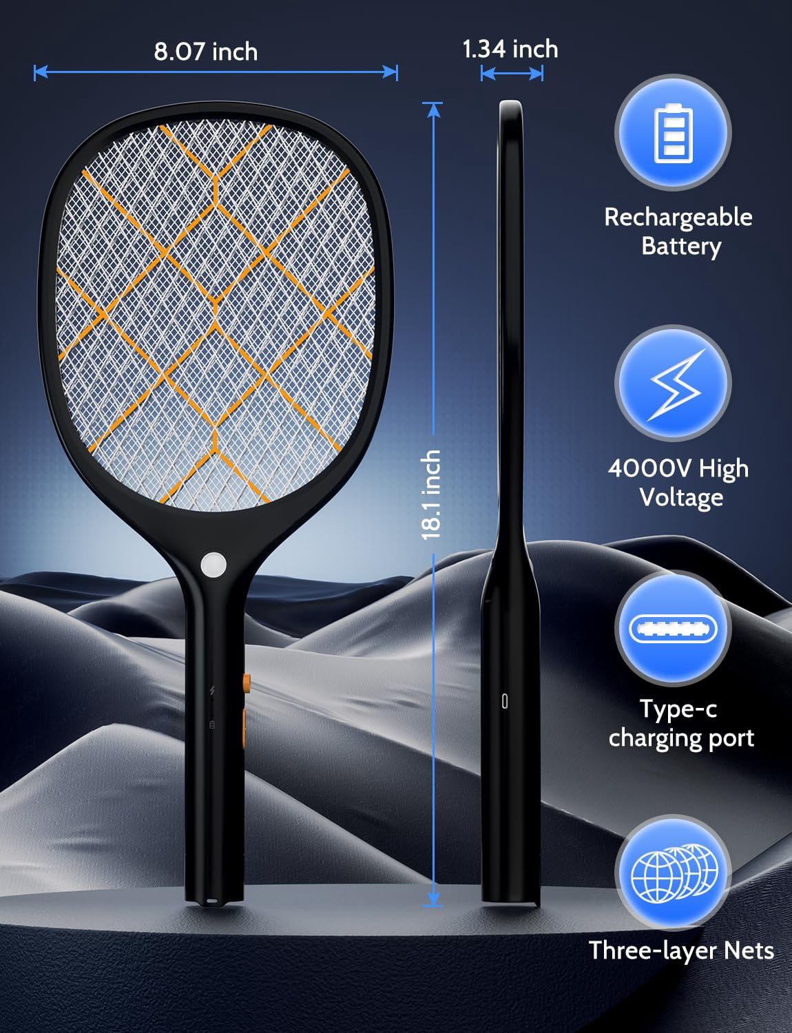 Electric Fly Swatter Zapper Racket 4000v Rechargeable Mosquito Killer With Led Light For Indoor Home Office Backyard Patio Camping (2  Black Orange)