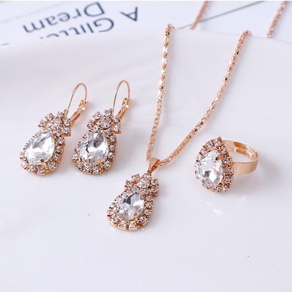 Kripyery 3Pcs/Set Women Water Drop Bright Alloy Rhinestone Pendant Necklace Earrings Ring Jewelry Set for Valentine Day