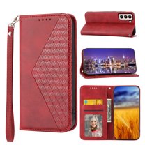 Tarise for Samsung Galaxy S21 5G Flip Cover, Luxury PU Leather Shockproof Folding Kickstand Card Holder Pocket Wallet Wrist Strap Handbag Magnetic Closure Phone Case for Samsung S21 6.2 inch, Red