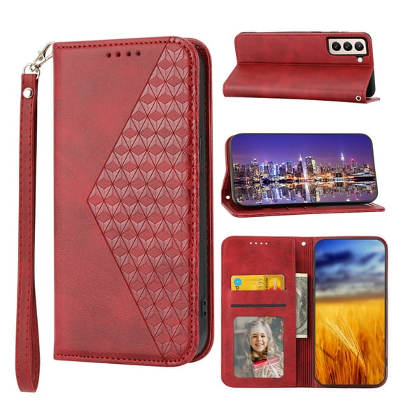 Tarise for Samsung Galaxy S23 Plus 5G Flip Cover, Luxury PU Leather Shockproof Folding Kickstand Card Holder Pocket Wallet Wrist Strap Handbag Magnetic Phone Case for Samsung S23 Plus 6.6 inch, Red