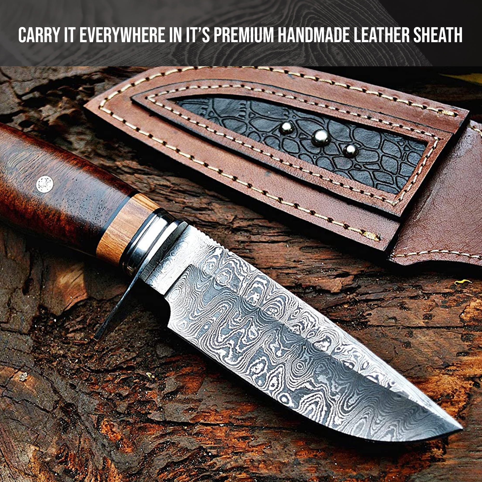 BigCat Roar Wild Tiger Damascus Buck Knife with Sheath - 4.8" Drop-Point Blade Hunting Knife