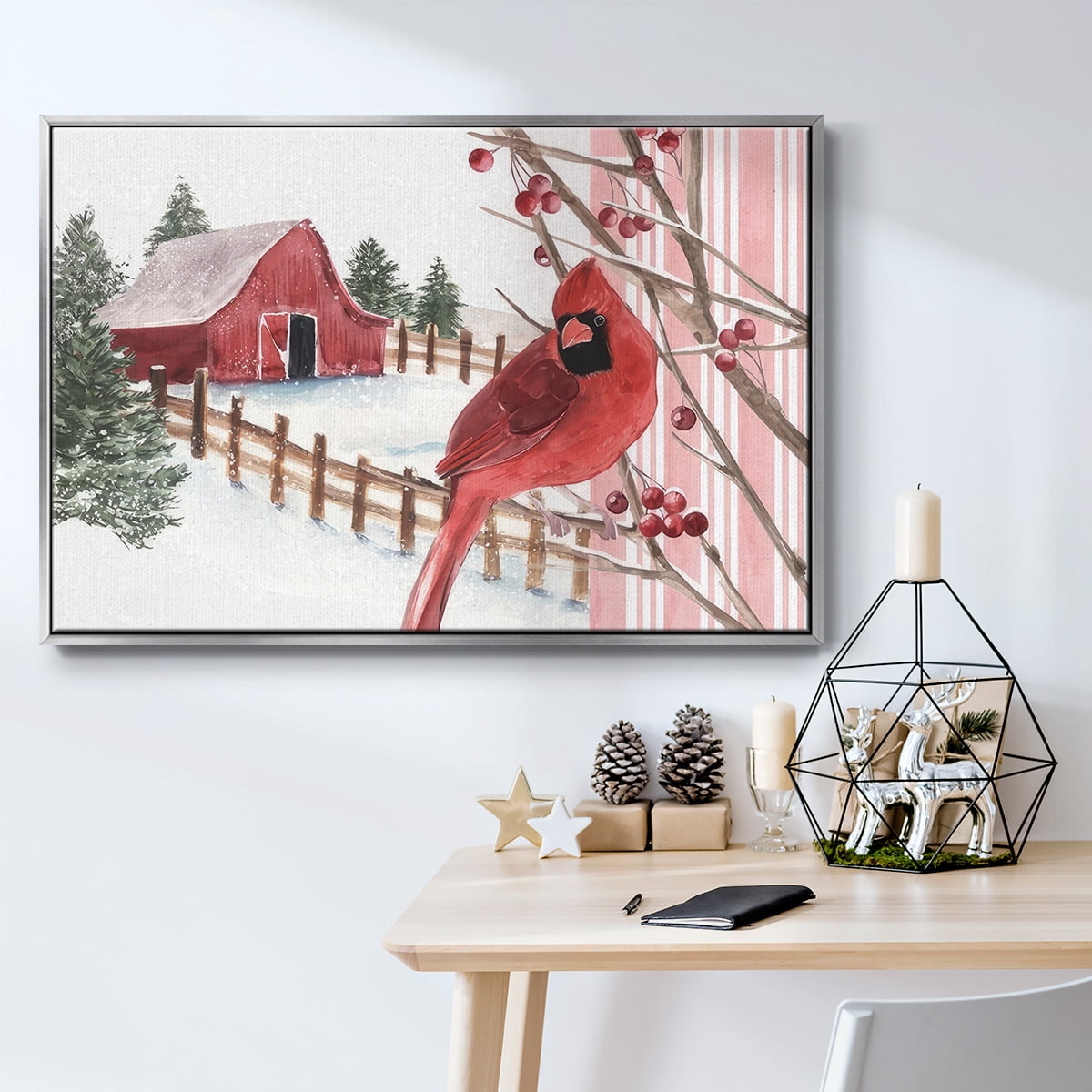 Winter Cardinal Collection A - Framed Gallery Wrapped Holiday Canvas - 25 x 37 - Silver Frame
