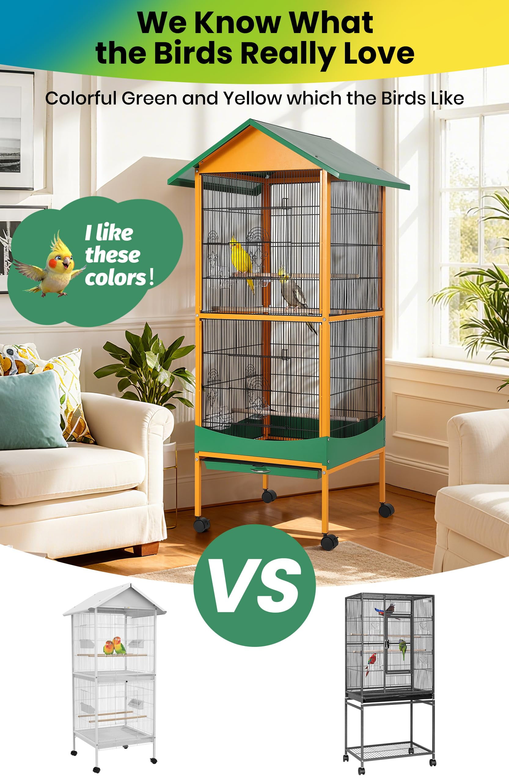 Gaderth 66-Inch Large Bird Cage,Outdoor Indoor Birdcage With Play Stand, Perches,Olling Large Parrot Bird Cage w/Removeble Tray Easy To Clean, Lockable Caster For Indoor& Outdoor Use