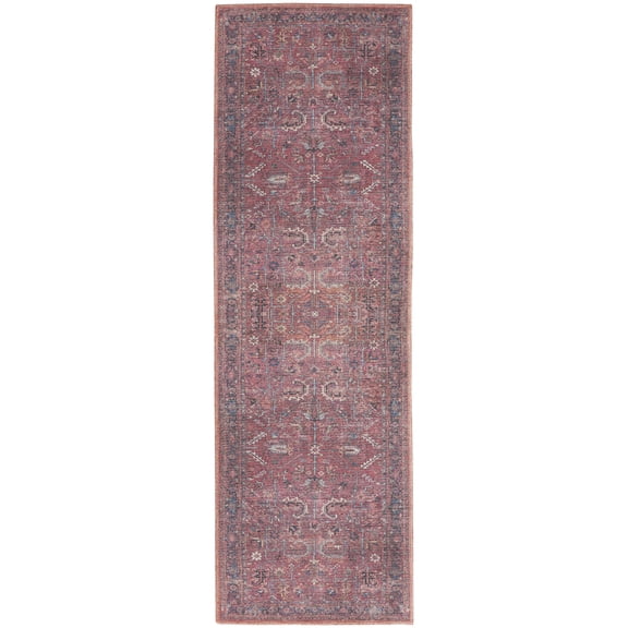 12' Runner Blue and Red Floral Power Loom Distressed Runner Rug